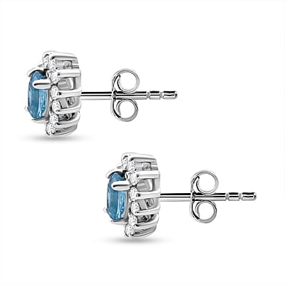 D'Joy Premium Cambodian Blue Zircon and White Zircon 1.15 ctw Ocean Flame Stud Earrings in Rhodium Over Sterling Silver
