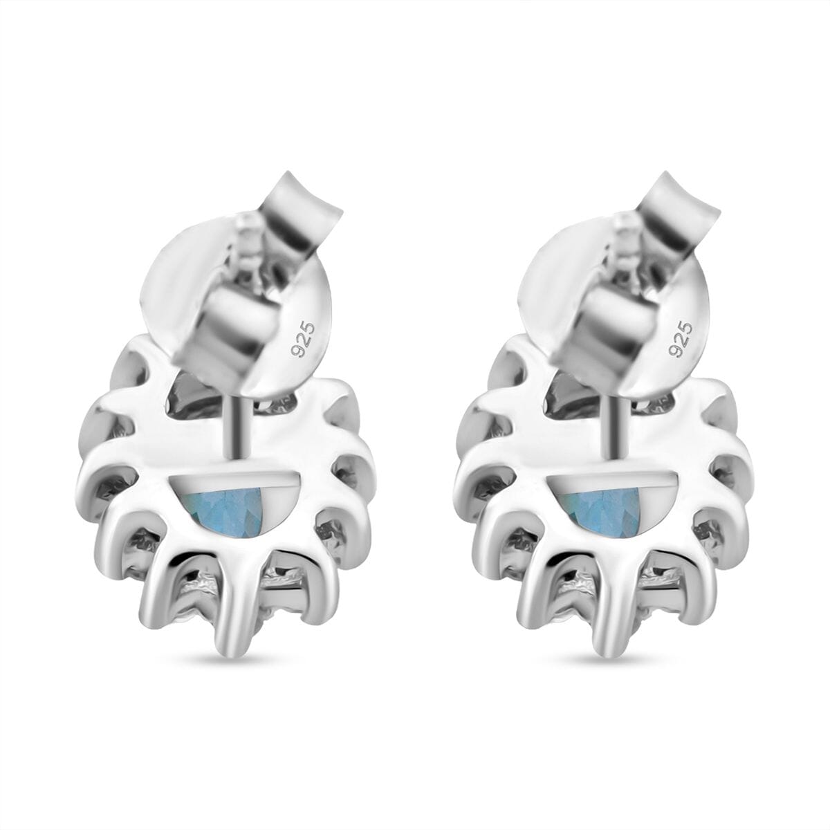 D'Joy Premium Cambodian Blue Zircon and White Zircon 1.15 ctw Ocean Flame Stud Earrings in Rhodium Over Sterling Silver image number 4