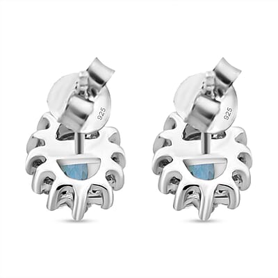 D'Joy Premium Cambodian Blue Zircon and White Zircon 1.15 ctw Ocean Flame Stud Earrings in Rhodium Over Sterling Silver