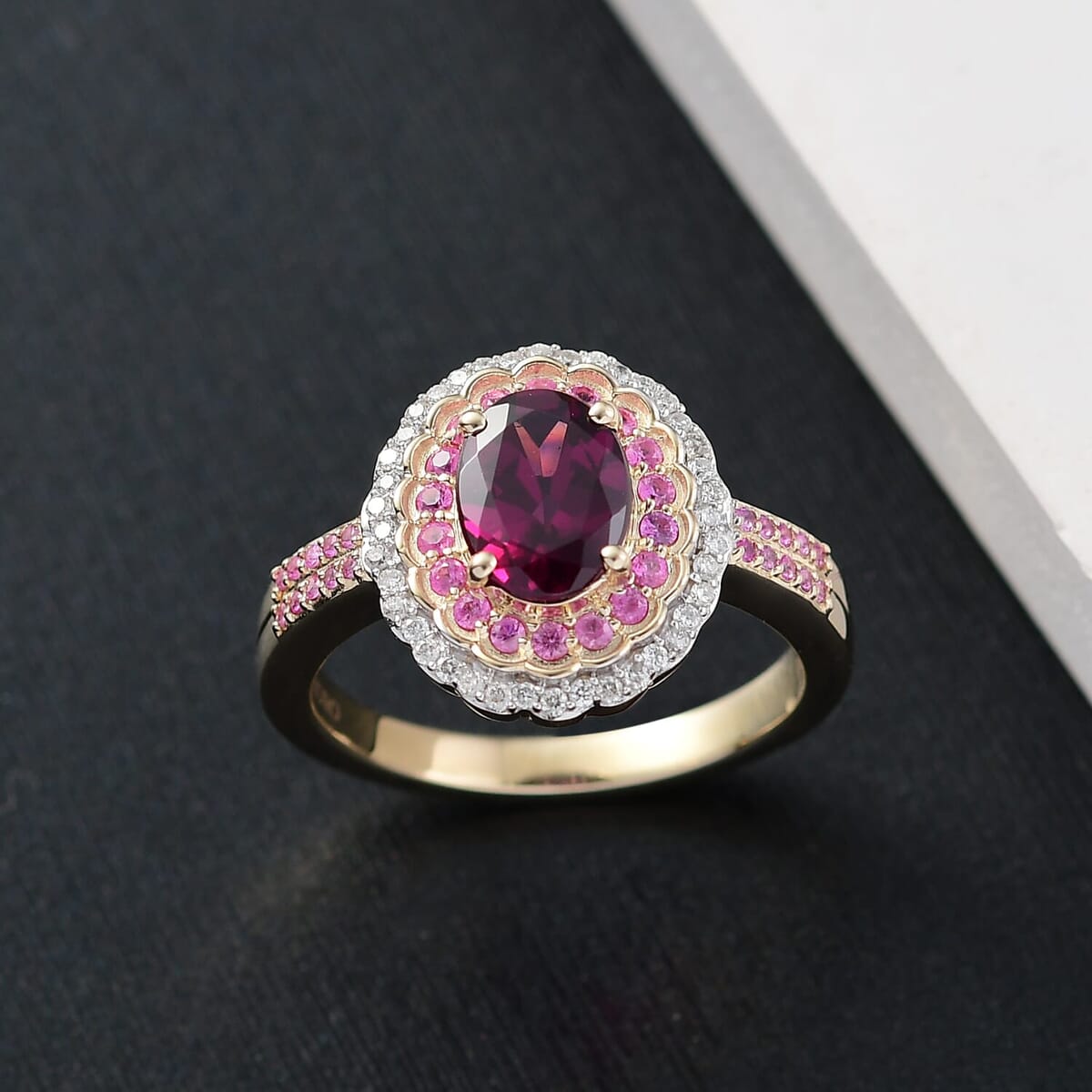 Luxoro AAA Radiant Ember Garnet, Madagascar Pink Sapphire and I1 Diamond 1.90 ctw Blush & Bloom Ring in 10K Yellow Gold (Size 11.5) image number 1