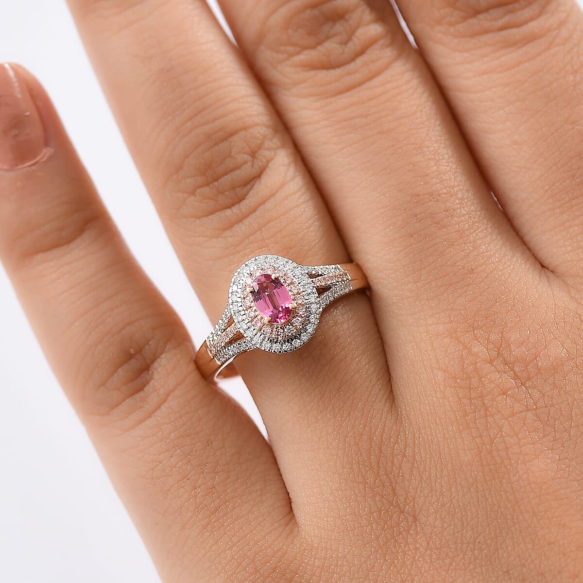 Epic Deal 10K Rose Gold AAA Mahenge Spinel, Luxuriant Lab Grown Pink and White Diamond (VS) (0.41 cts) Ring (Size 6.5) 0.90 ctw image number 2
