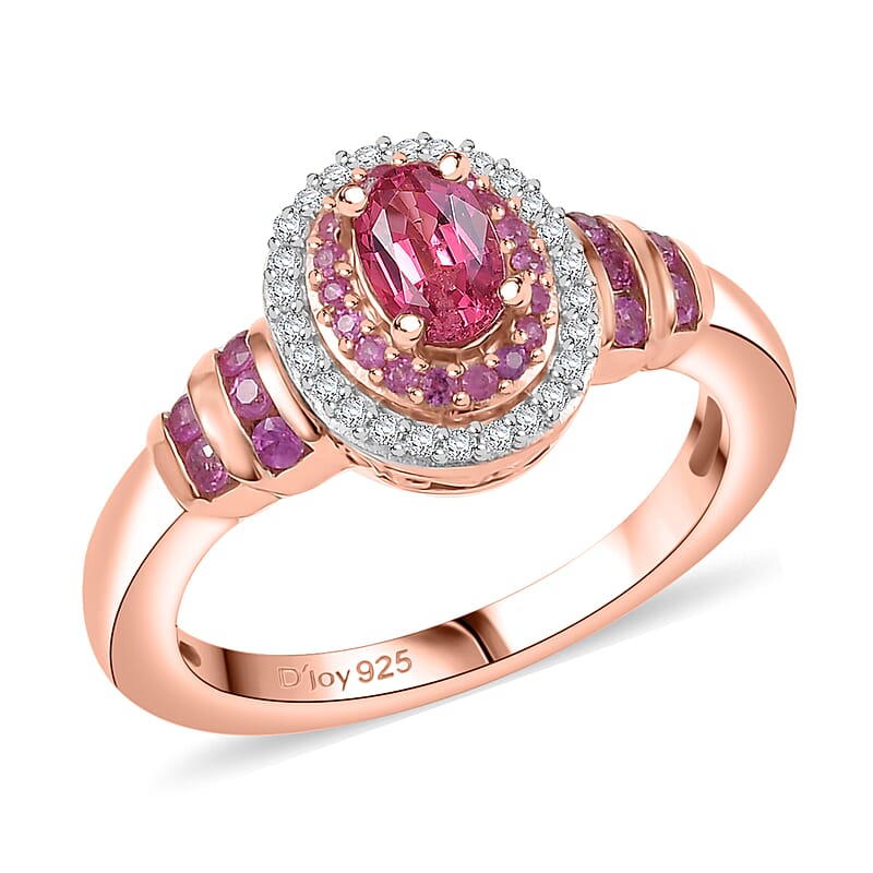 D'Joy Premium Mahenge Spinel and Multi Gemstone 0.90 ctw Royal Rosaria Ring in 18K Vermeil Rose Gold Over Sterling Silver (Size 6.0)
