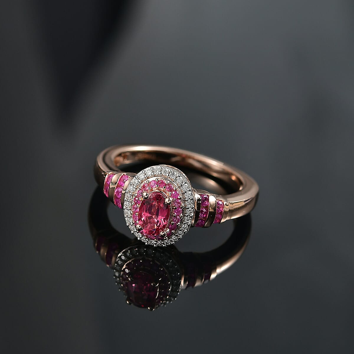 D'Joy Premium Mahenge Spinel and Multi Gemstone 0.90 ctw Royal Rosaria Ring in 18K Vermeil Rose Gold Over Sterling Silver (Size 7.0) image number 1