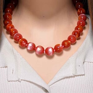 Lab Created Cherry Cat's Eye Beaded 340.00 ctw Necklace in Stainless Steel (18-20 Inches)