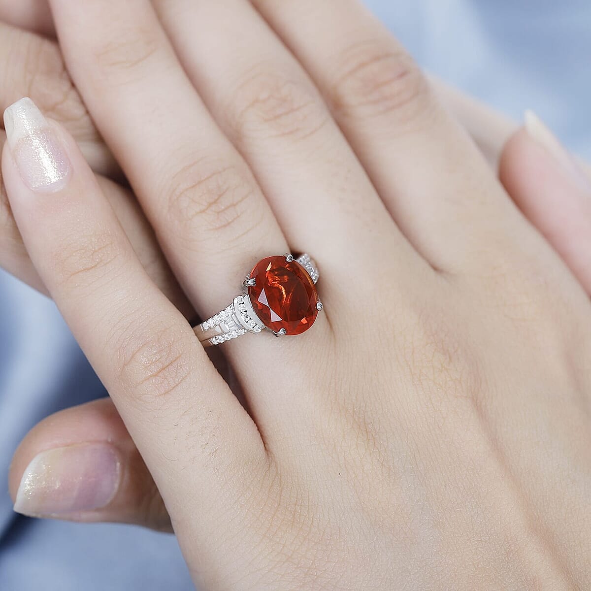 Rhapsody AAAA Fire Opal and E-F VS White Diamond 3.15 ctw Ring in 950 Platinum (Size 5.5) 6.75 Grams image number 2