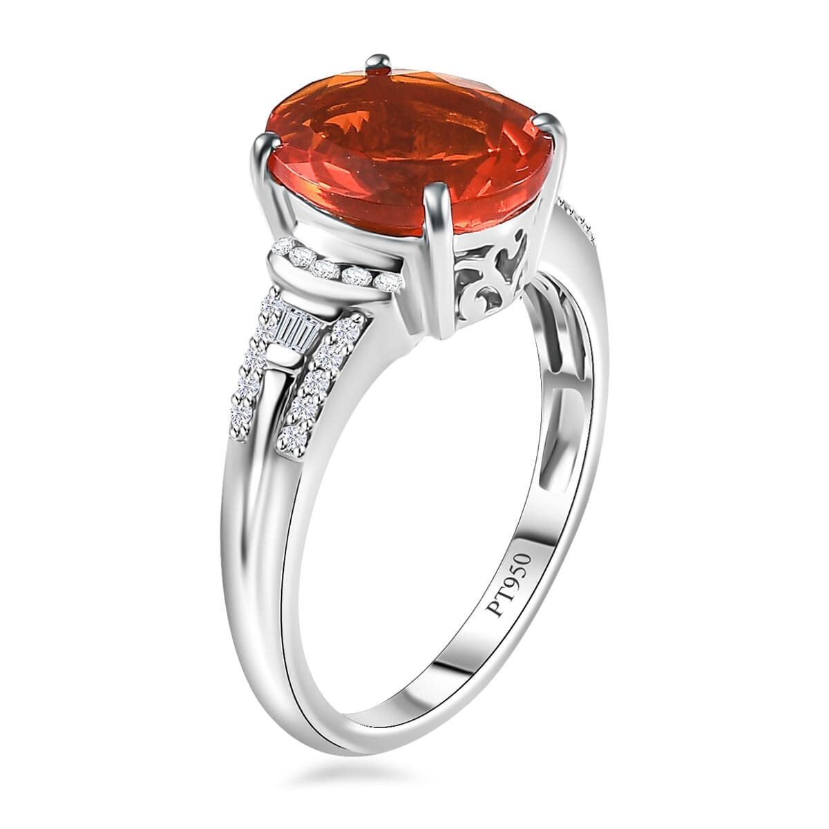 Rhapsody AAAA Fire Opal and E-F VS White Diamond 3.15 ctw Ring in 950 Platinum (Size 7.5) 6.75 Grams image number 3