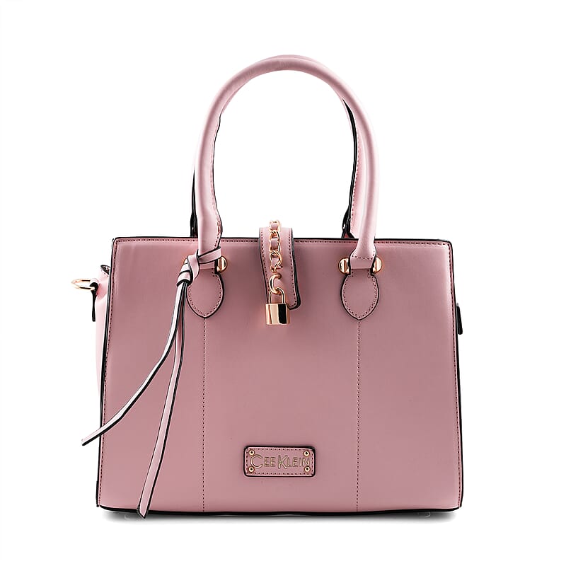 Cee Klein Blush Faux Leather Satchel Bag with Chain & Lock Detail