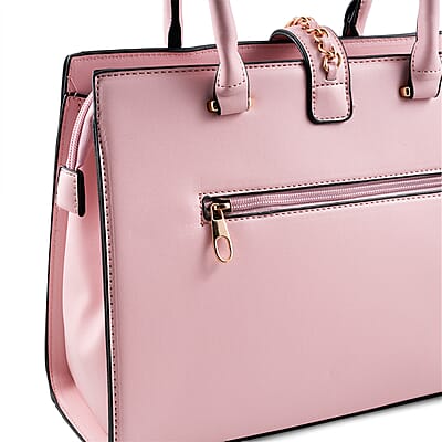 Cee Klein Blush Faux Leather Satchel Bag with Chain & Lock Detail