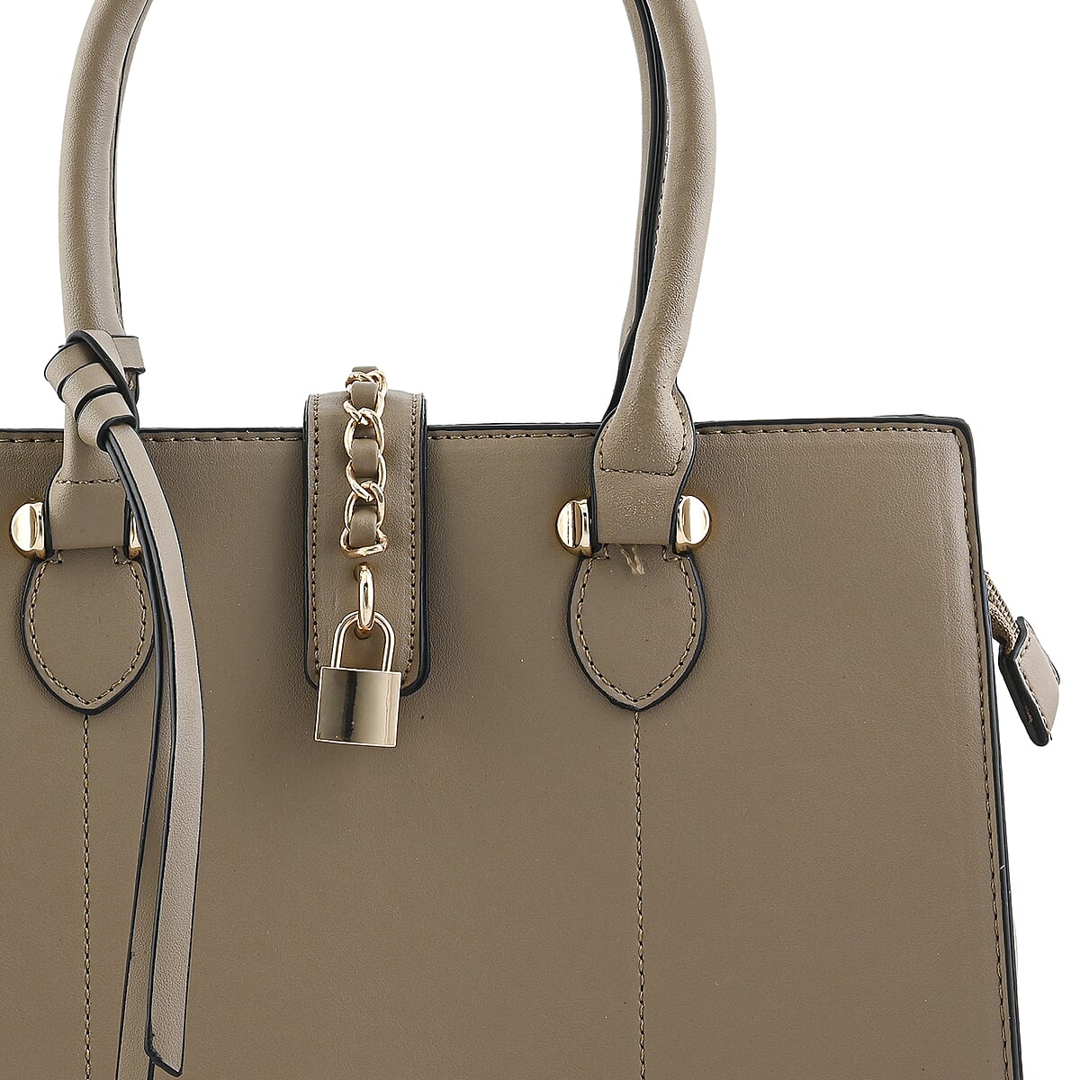 Cee Klein Taupe Faux Leather Satchel Bag with Chain & Lock Detail image number 6