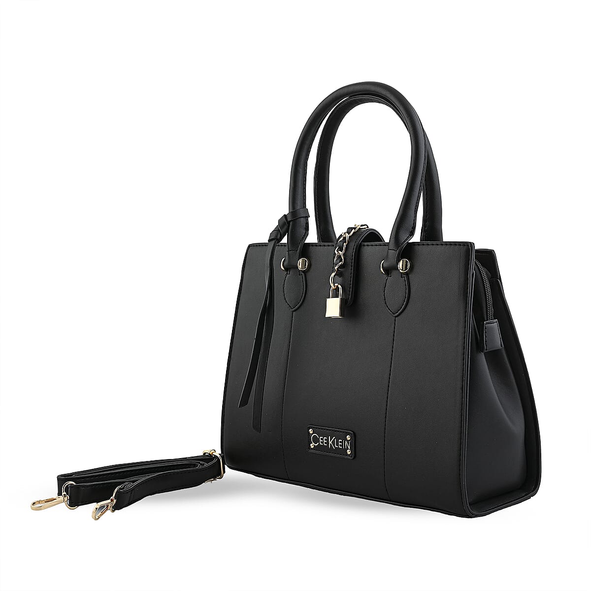 Cee Klein Black Faux Leather Satchel Bag with Chain & Lock Detail image number 1