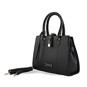 Cee Klein Black Faux Leather Satchel Bag with Chain & Lock Detail