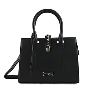 Cee Klein Black Faux Leather Satchel Bag with Chain & Lock Detail