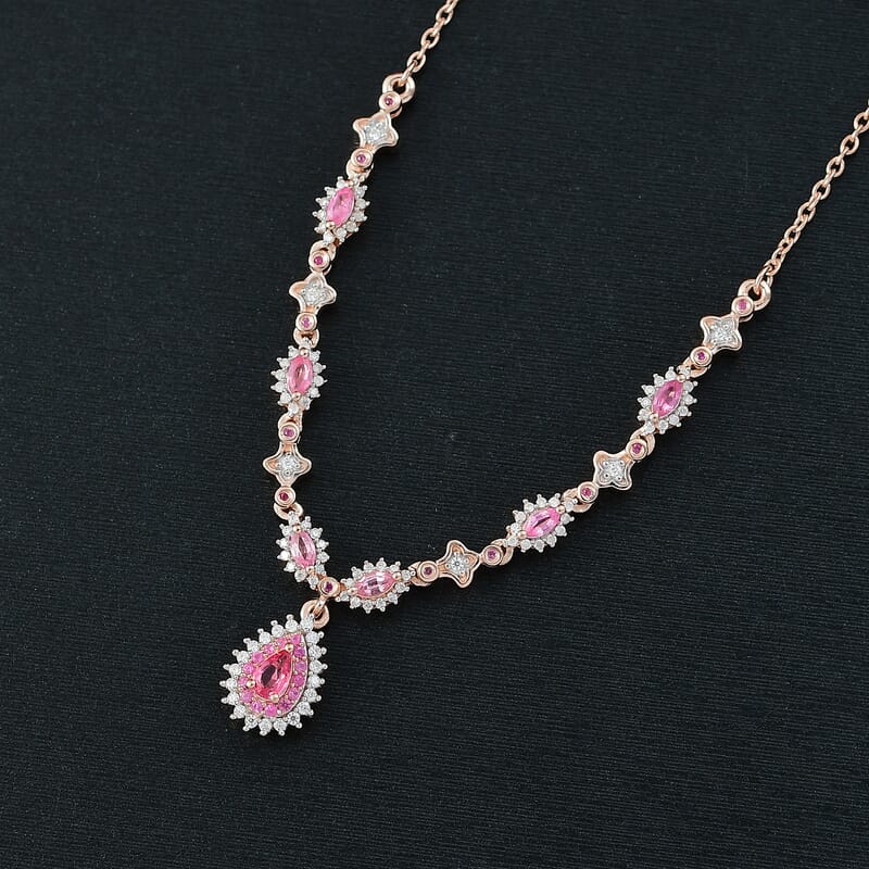 D'Joy Premium Mahenge Spinel and Multi Gemstone 1.60 ctw Royal Rose Cascade Necklace 18-20 Inches in 18K Vermeil Rose Gold Over Sterling Silver
