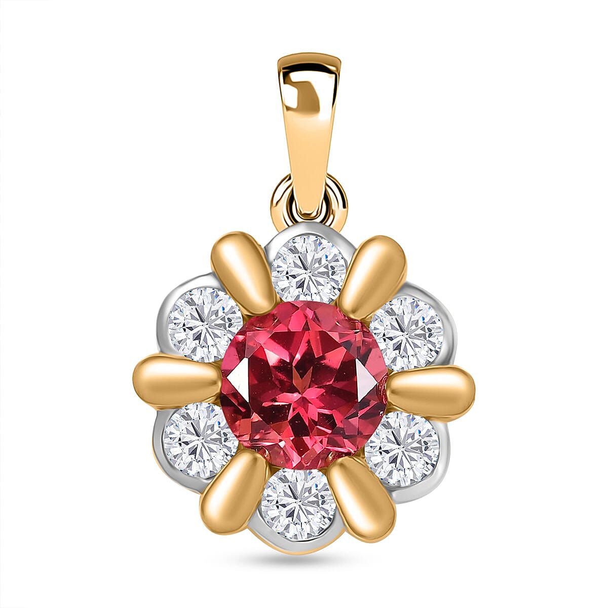 D'Joy Lab Created Padparadscha Sapphire, White Zircon 3.20 ctw Pendant in Platinum and 14K Yellow Gold Plated Over Sterling Silver