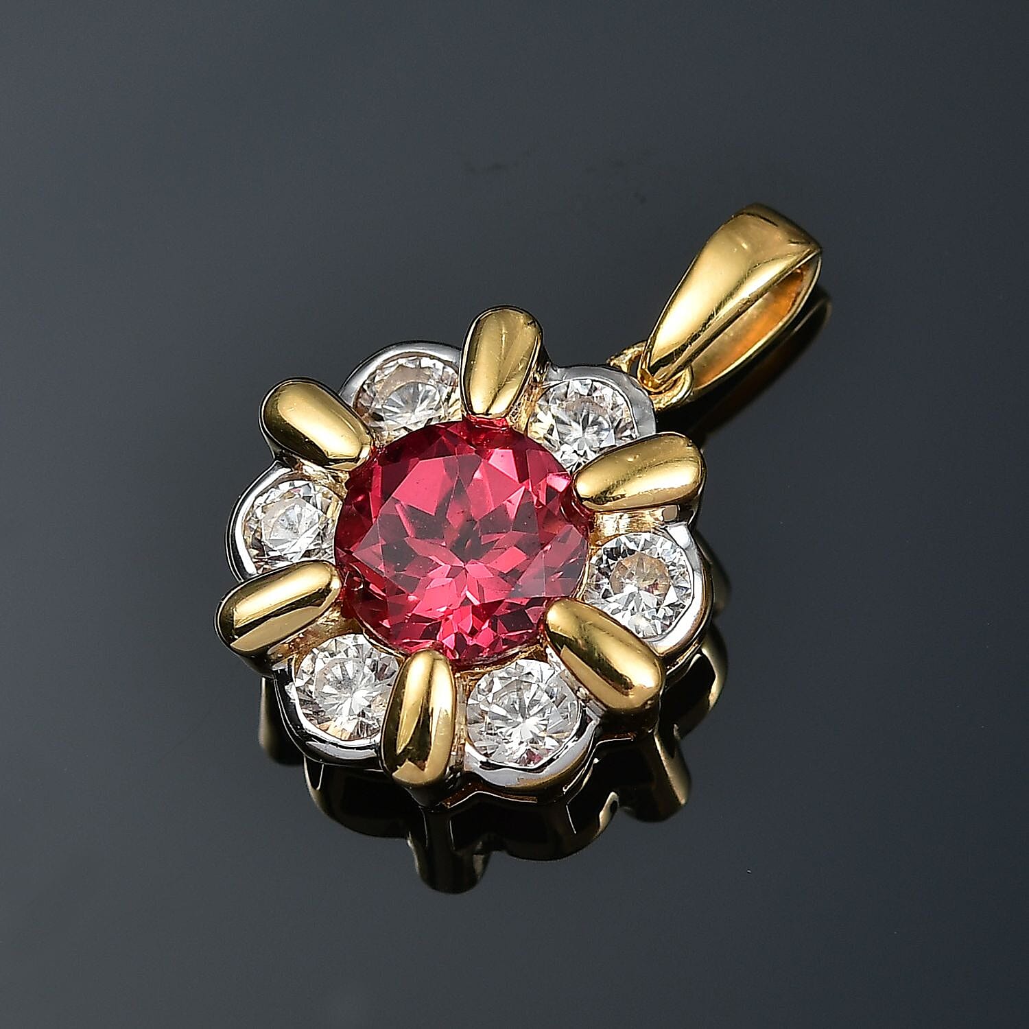 D'Joy Lab Created Padparadscha Sapphire, White Zircon 3.20 ctw Pendant in Platinum and 14K Yellow Gold Plated Over Sterling Silver