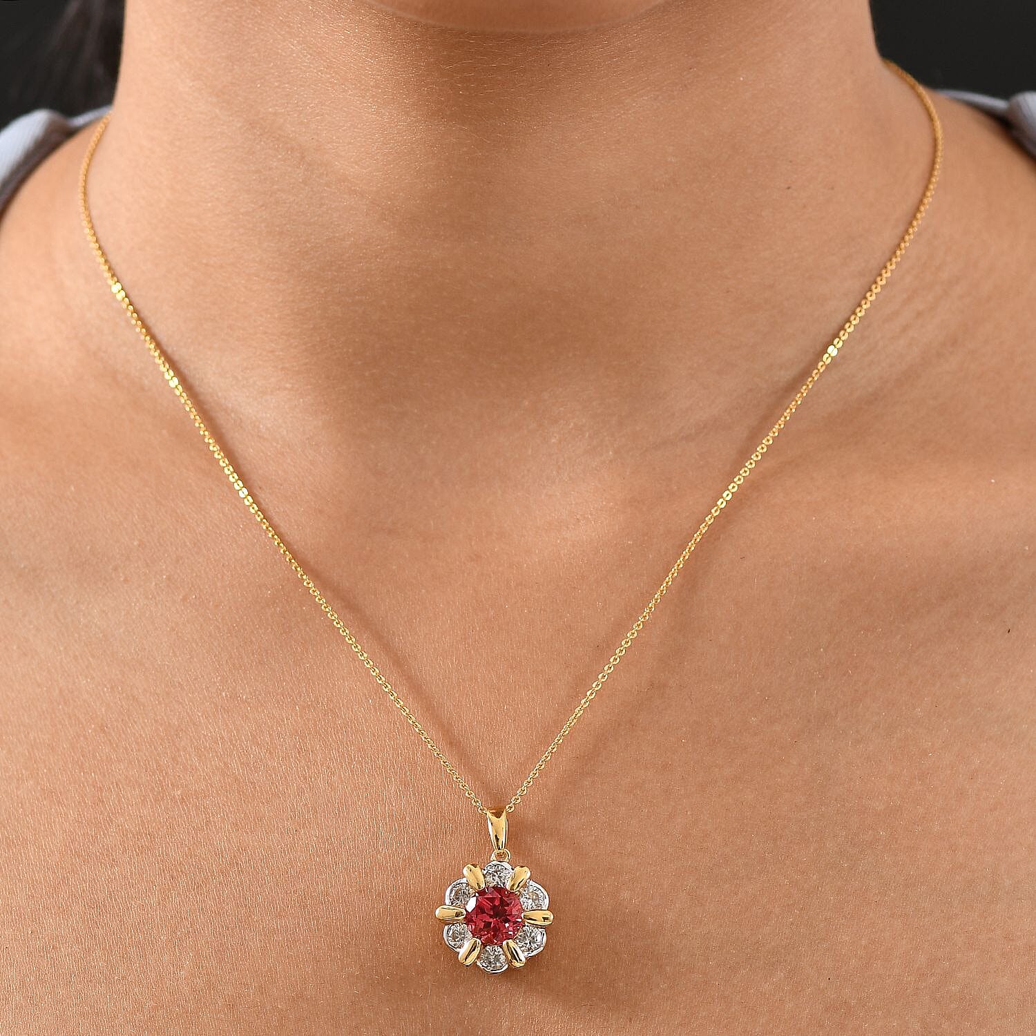 D'Joy Lab Created Padparadscha Sapphire, White Zircon 3.20 ctw Pendant in Platinum and 14K Yellow Gold Plated Over Sterling Silver