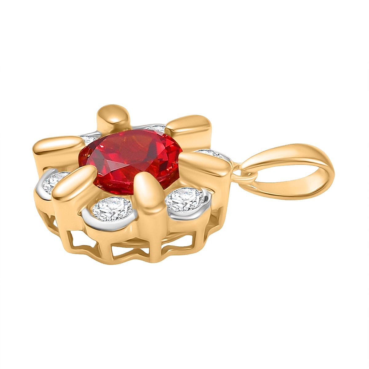 D'Joy Lab Created Padparadscha Sapphire, White Zircon 3.20 ctw Pendant in Platinum and 14K Yellow Gold Plated Over Sterling Silver