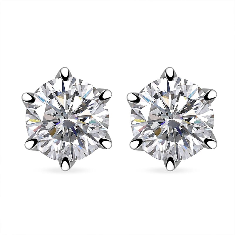 D'Joy 100 Facets Moissanite 1.90 ctw Solitaire Stud Earrings in Rhodium OverSterling Silver