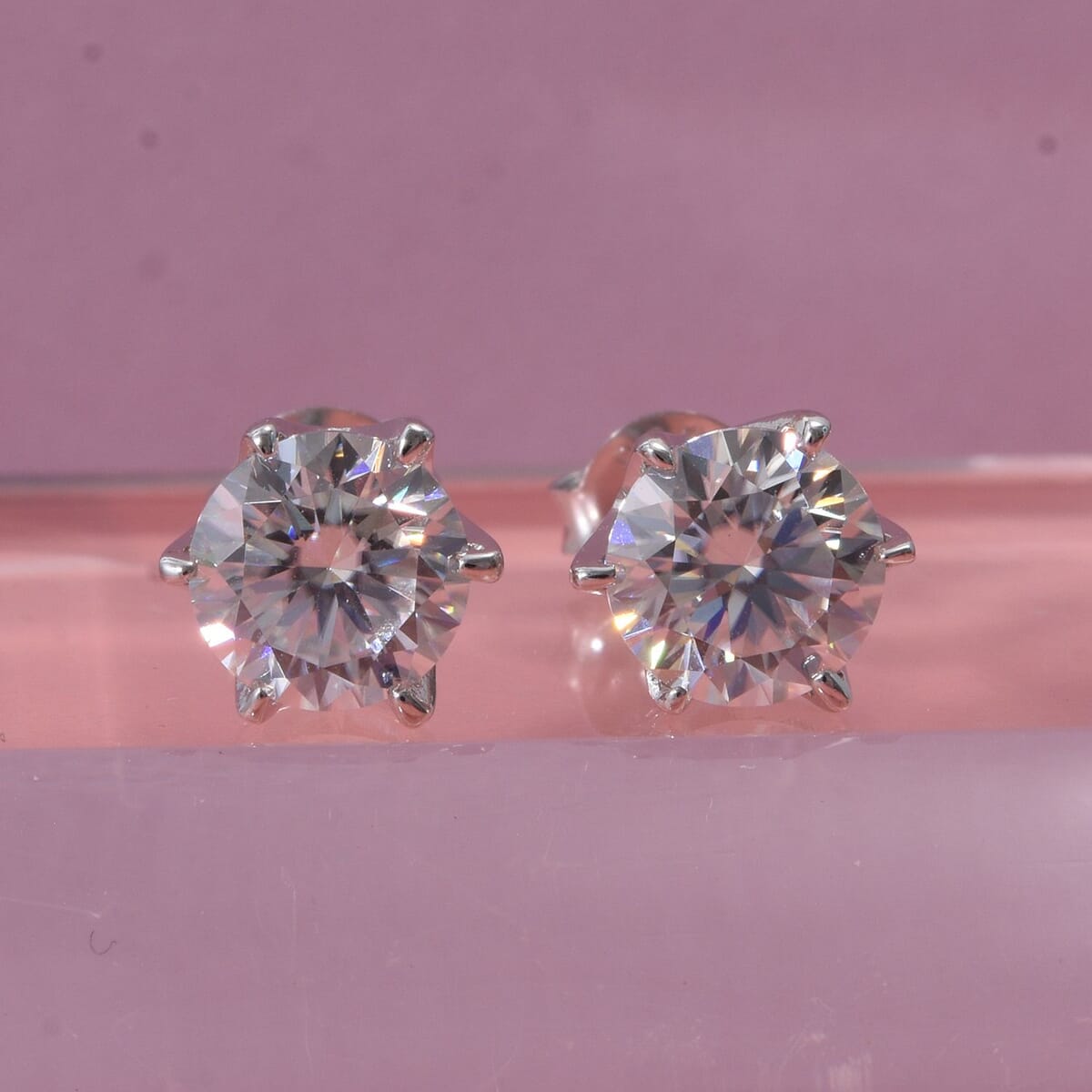 D'Joy 100 Facets Moissanite 1.90 ctw Solitaire Stud Earrings in Rhodium OverSterling Silver image number 1