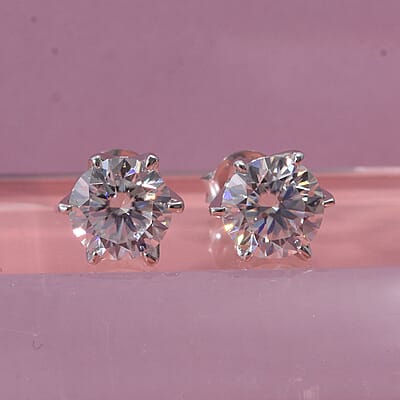 D'Joy 100 Facets Moissanite 1.90 ctw Solitaire Stud Earrings in Rhodium OverSterling Silver