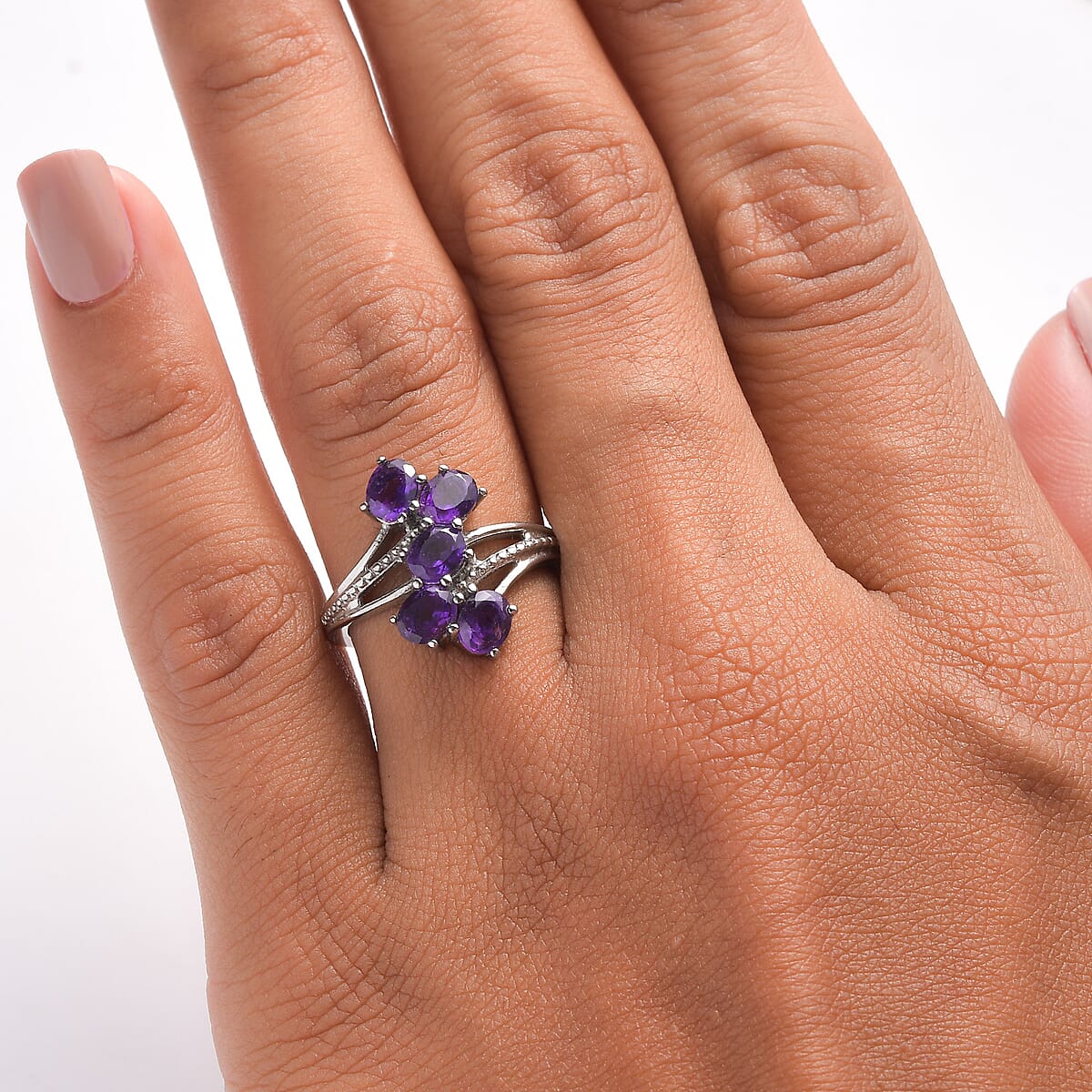 EverTrue African Amethyst 1.85 ctw 5 Stone Ring in Stainless Steel (Size 10.0) image number 2