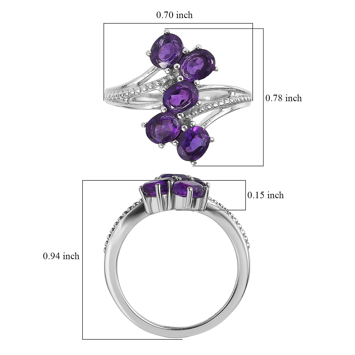 EverTrue African Amethyst 1.85 ctw 5 Stone Ring in Stainless Steel (Size 10.0) image number 5