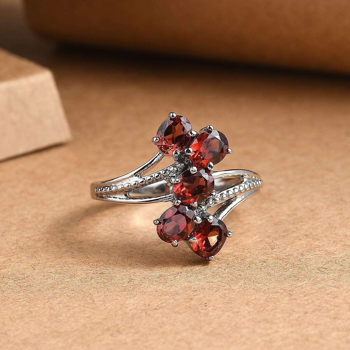 EverTrue Mozambique Garnet 2.15 ctw 5 Stone Ring in Stainless Steel (Size 5.0) image number 1