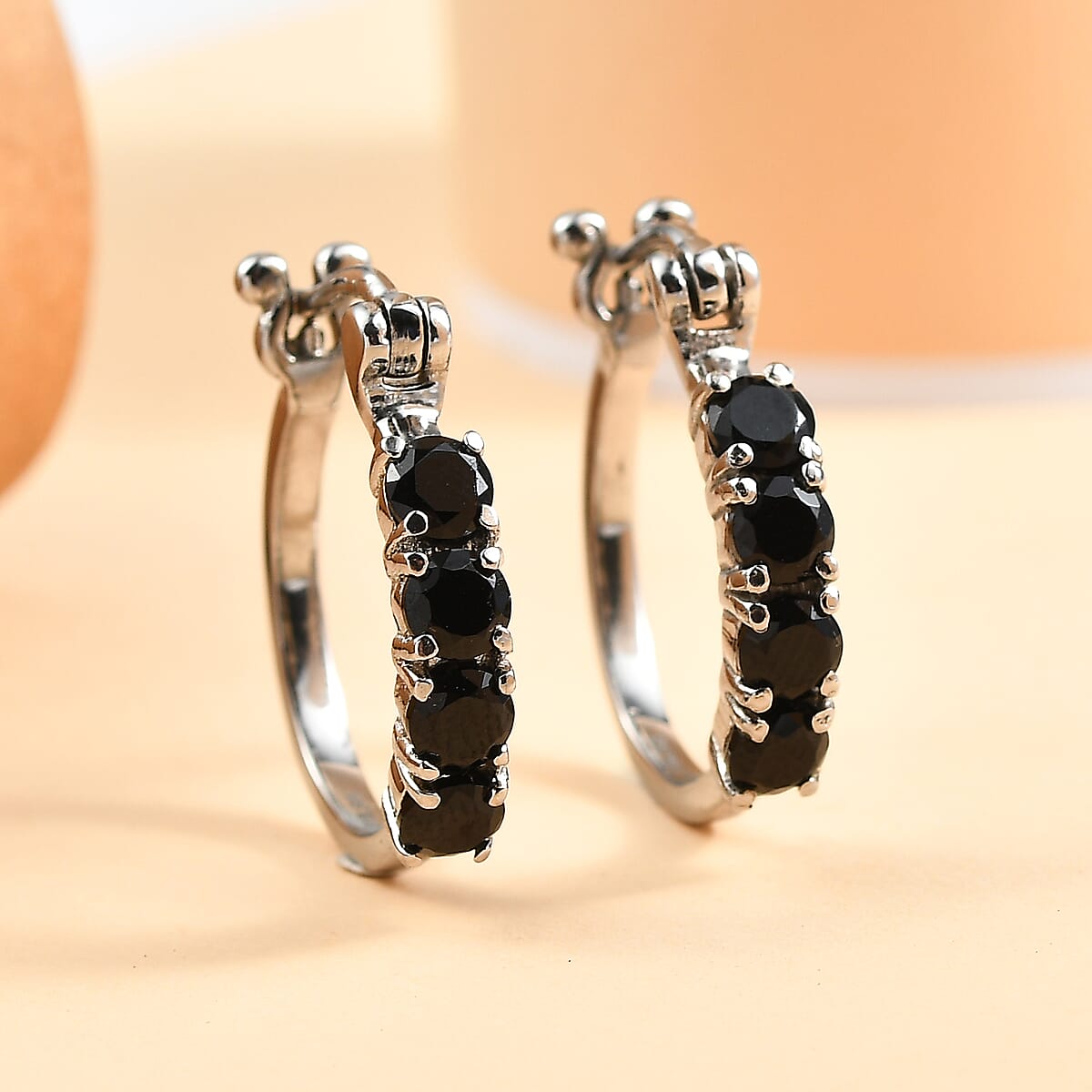 EverTrue Thai Black Spinel 1.85 ctw Hoop Earrings in Stainless Steel image number 1