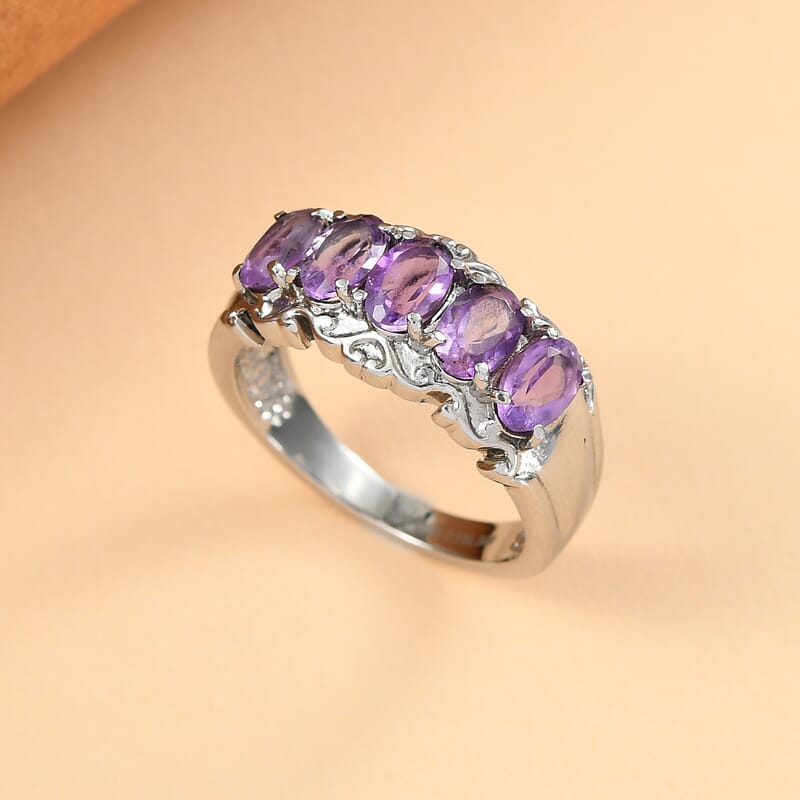 EverTrue African Amethyst 2.40 ctw 5 Stone Ring in Stainless Steel (Size 10.0)
