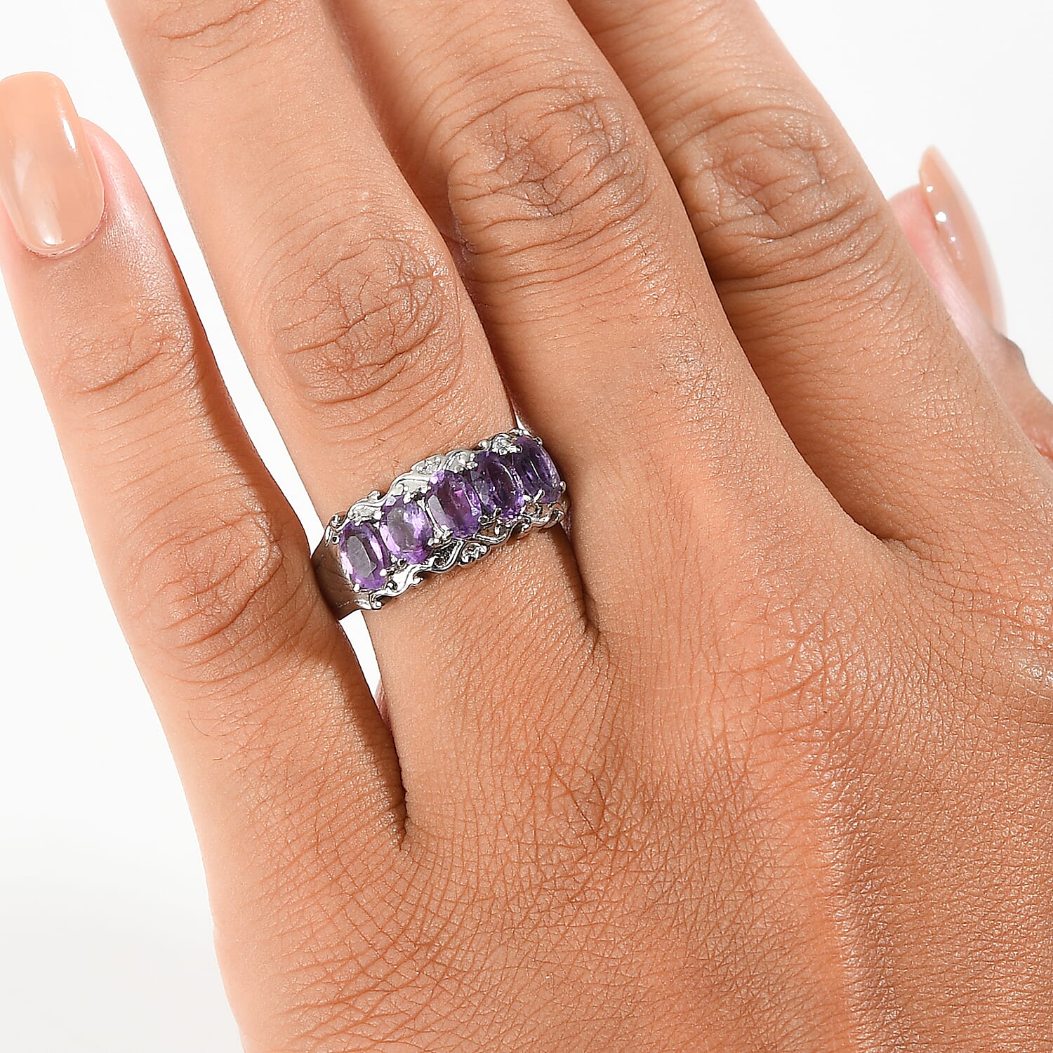 EverTrue African Amethyst 2.40 ctw 5 Stone Ring in Stainless Steel (Size 10.0)