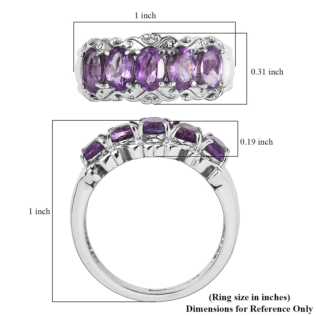EverTrue African Amethyst 2.40 ctw 5 Stone Ring in Stainless Steel (Size 10.0)
