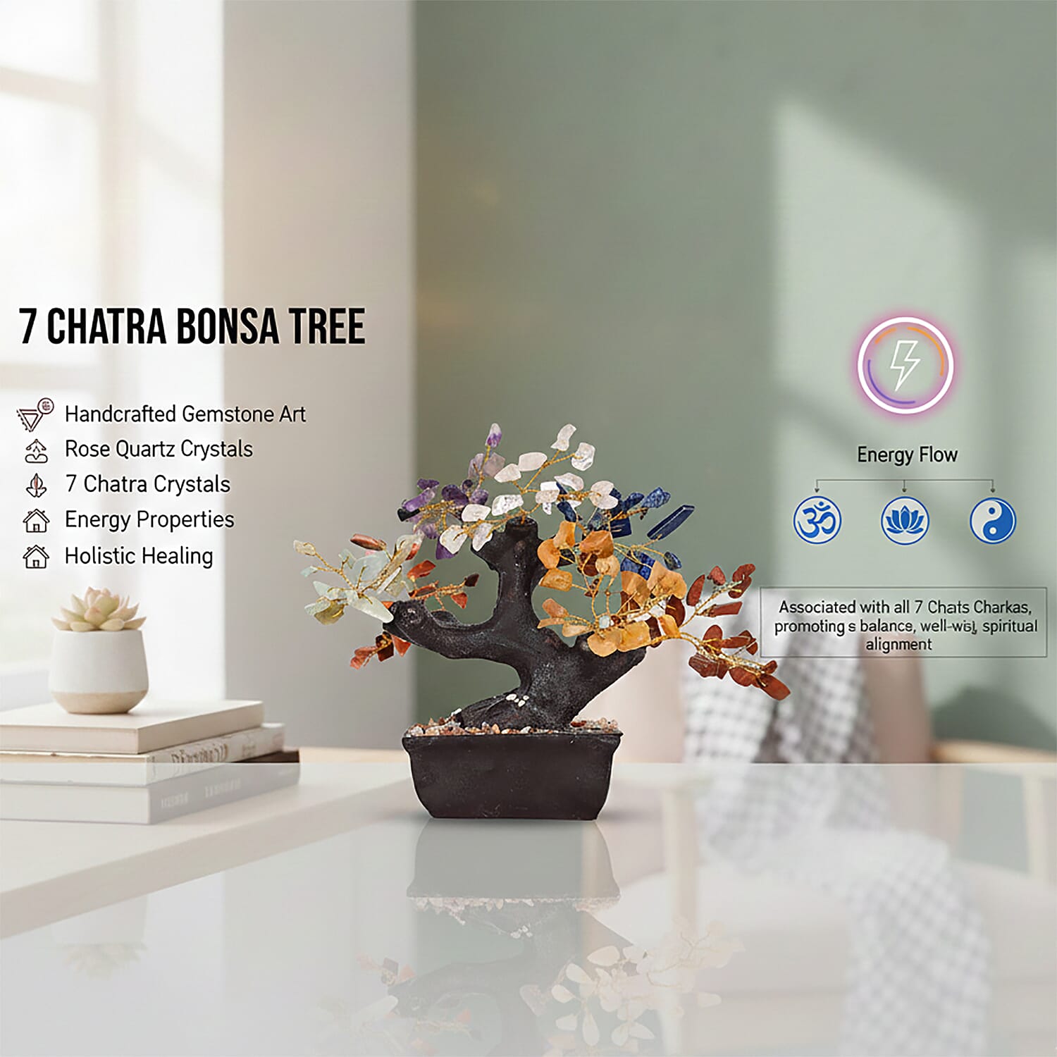 Livmore 150 Seven Chakra Multi Gemstone Bonsai Tree (6 Inch)
