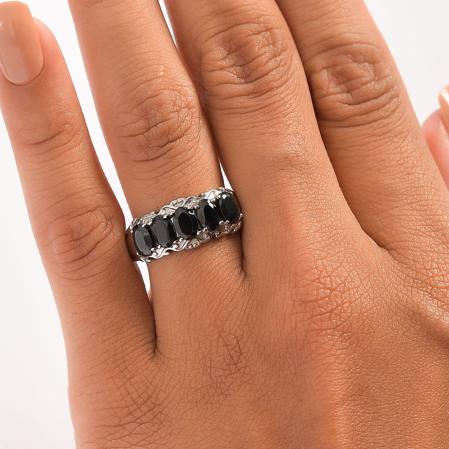 EverTrue Thai Black Spinel 3.10 ctw 5 Stone Ring in Stainless Steel (Size 6.0)
