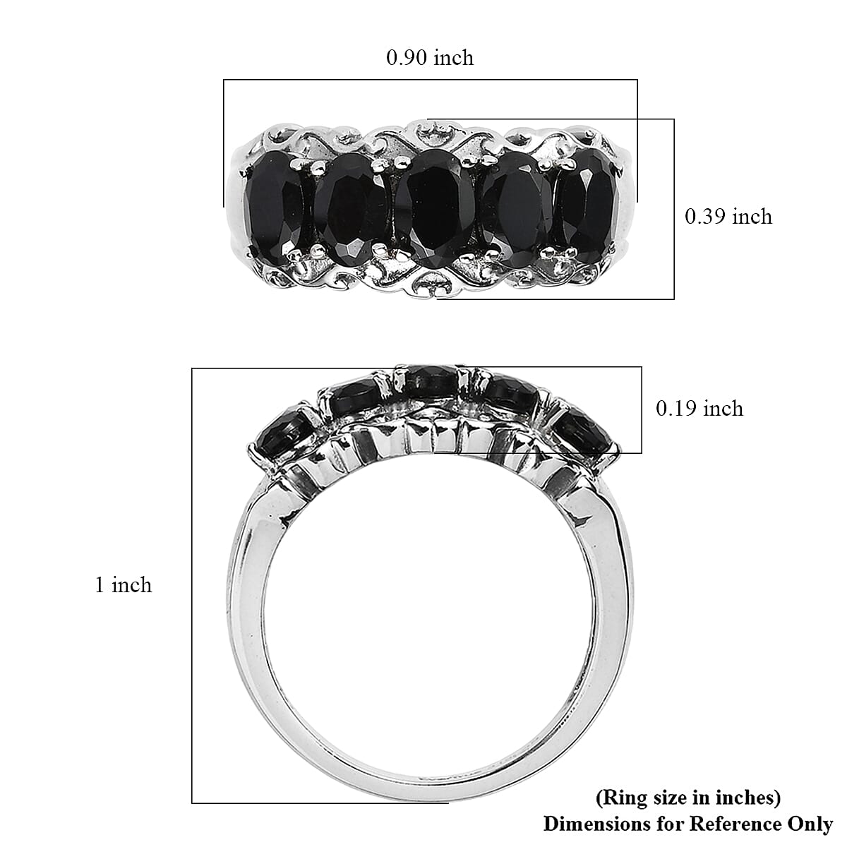 EverTrue Thai Black Spinel 3.10 ctw 5 Stone Ring in Stainless Steel (Size 6.0)