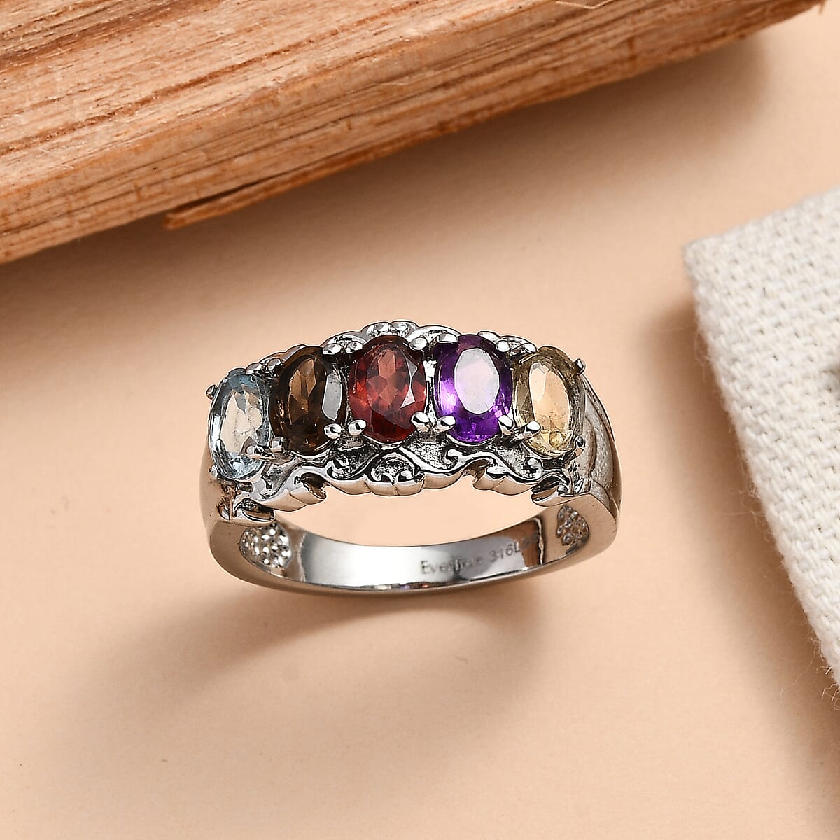 EverTrue Multi gemstone 2.60 ctw 5 Stone Ring in Stainless Steel (Size 9.0) image number 1