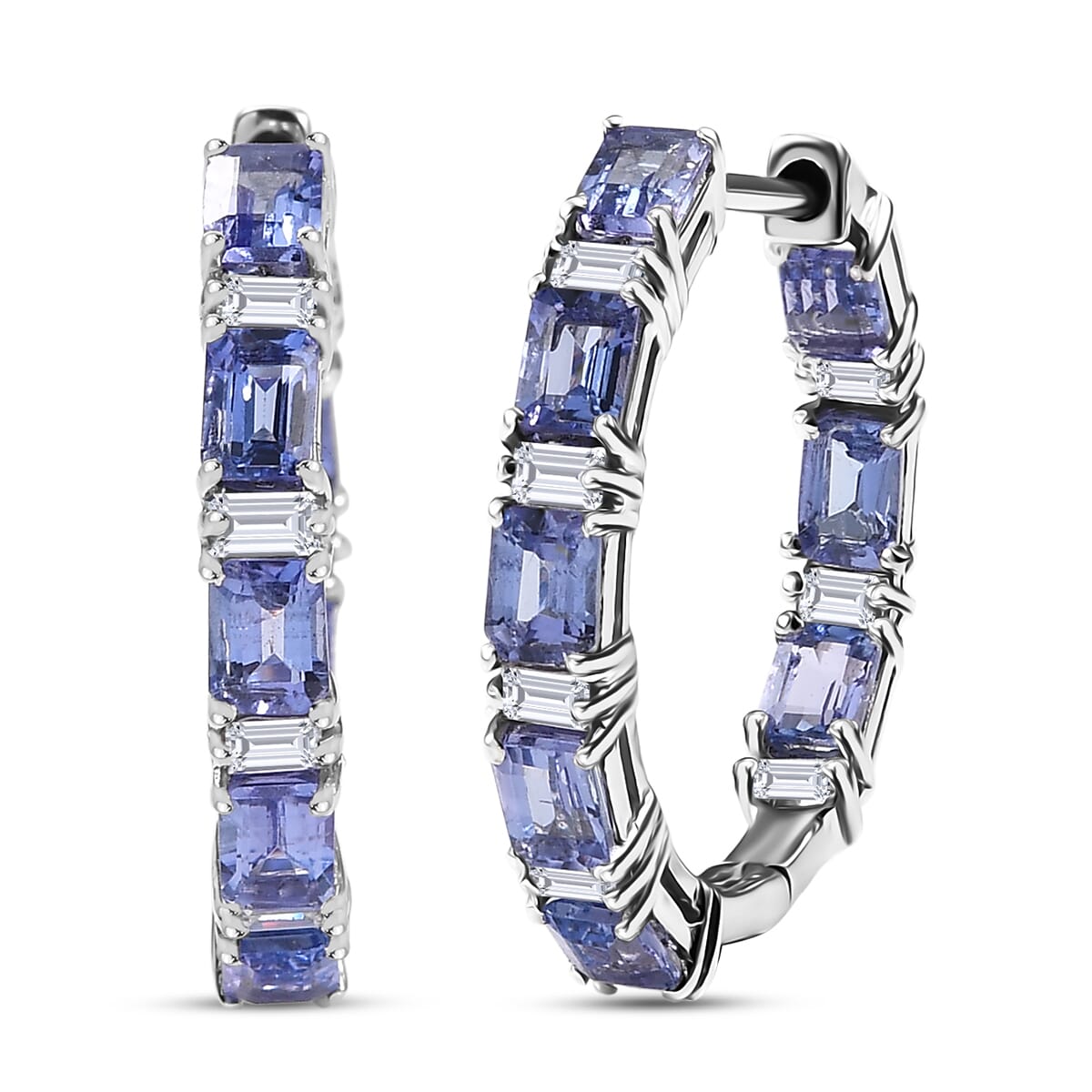 D’Joy Tanzanite, Moissanite 4.35 ctw Hoop Earrings in Rhodium Over Sterling Silver image number 0