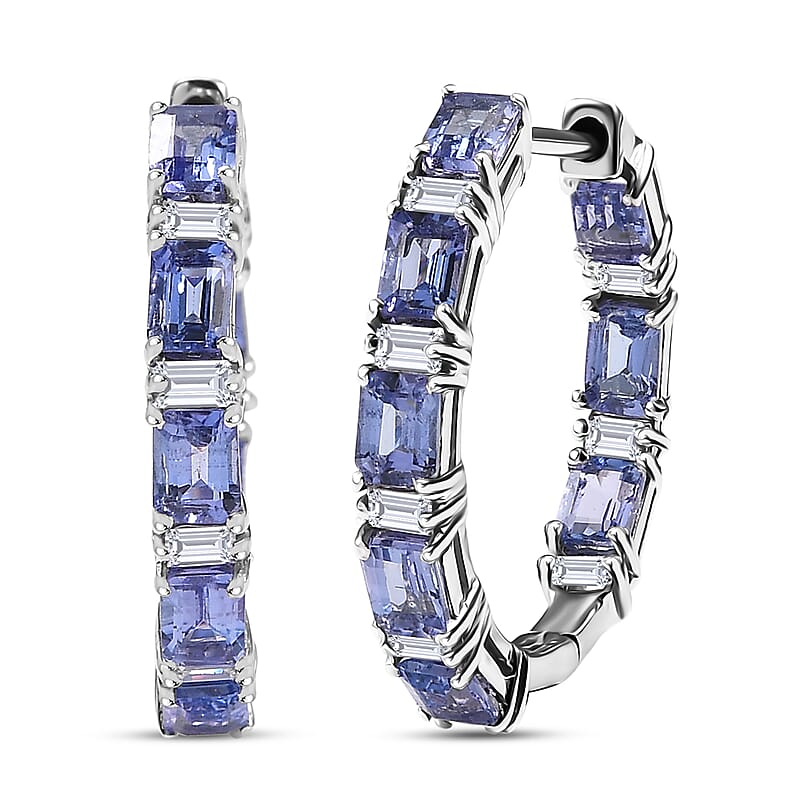 D'Joy Tanzanite, Moissanite 4.35 ctw Floral Vine Hoop Earrings in Rhodium Over Sterling Silver