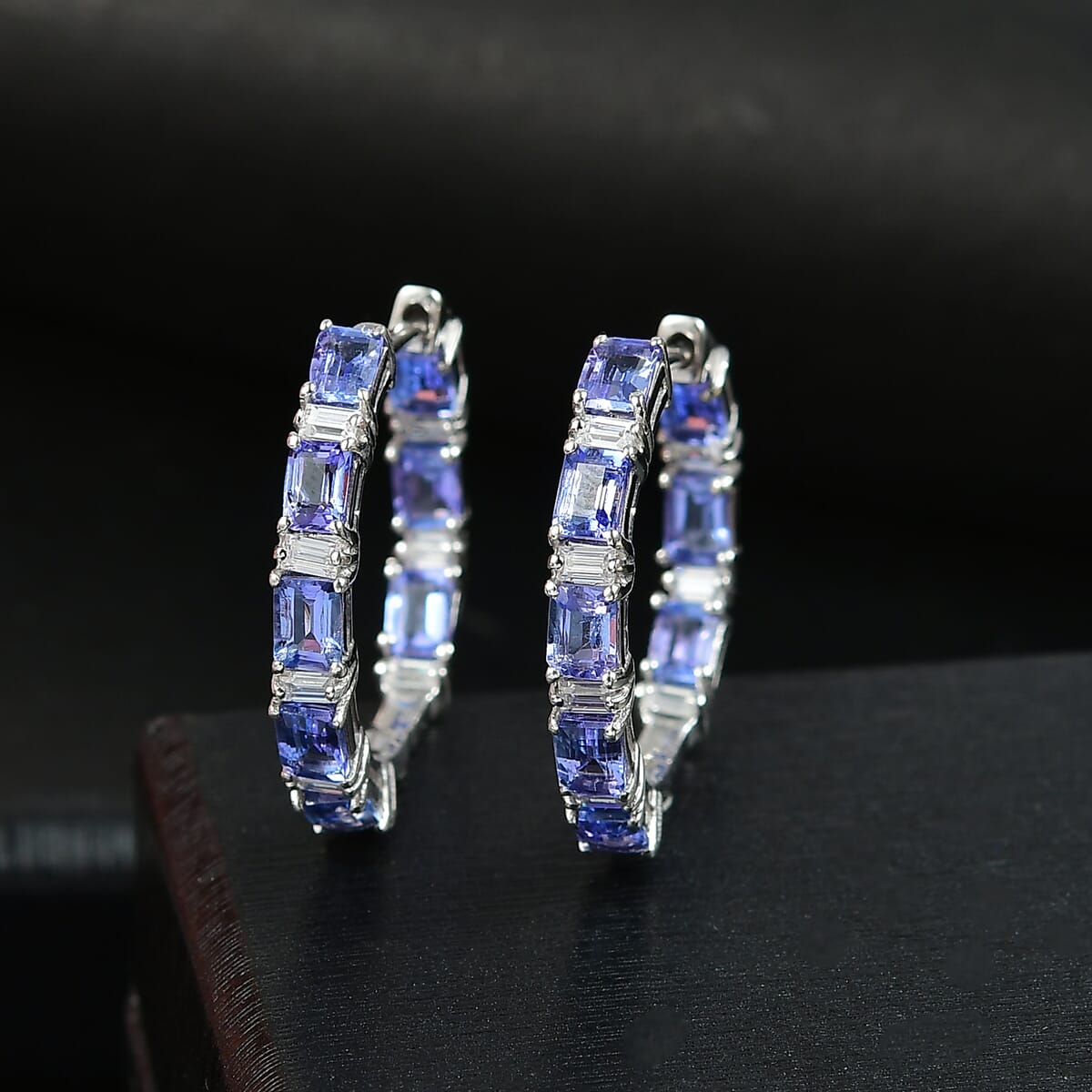 D’Joy Tanzanite, Moissanite 4.35 ctw Hoop Earrings in Rhodium Over Sterling Silver image number 1