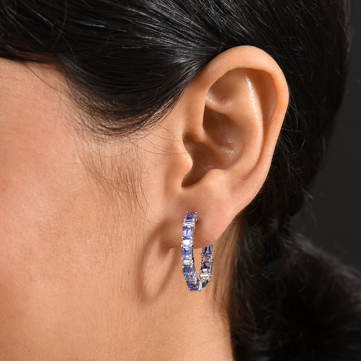 D’Joy Tanzanite, Moissanite 4.35 ctw Hoop Earrings in Rhodium Over Sterling Silver image number 2