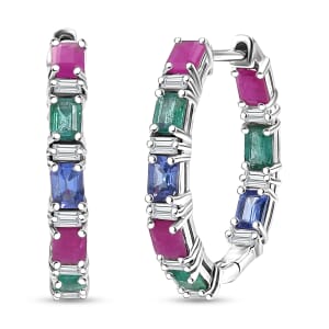 D’Joy Premium Kagem Zambian Emerald and Multi Gemstone 4.50 ctw Hoop Earrings in Rhodium Over Sterling Silver