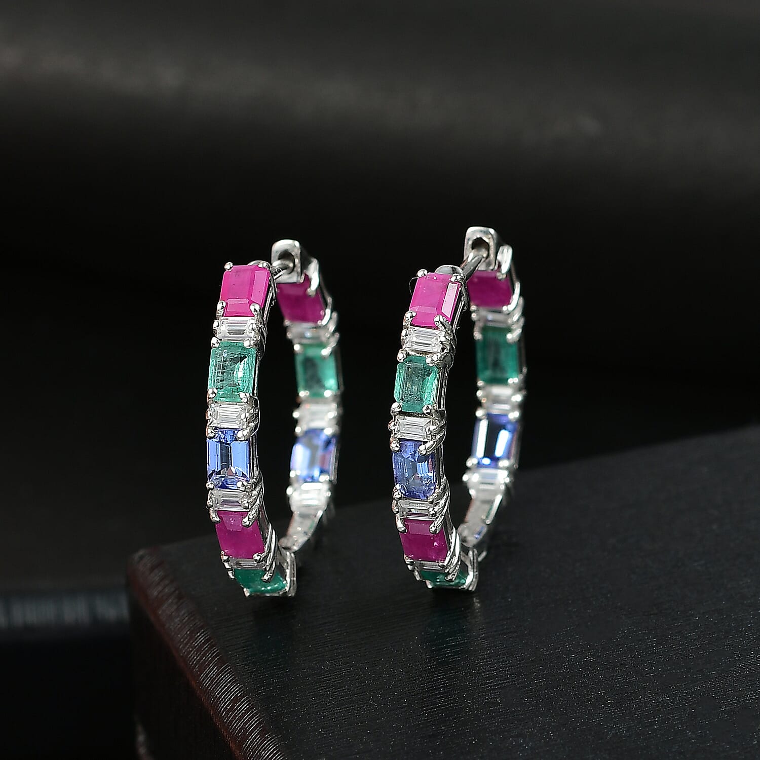 D'Joy Multi Gemstone 4.50 ctw Floral Vine Hoop Earrings in Rhodium Over Sterling Silver