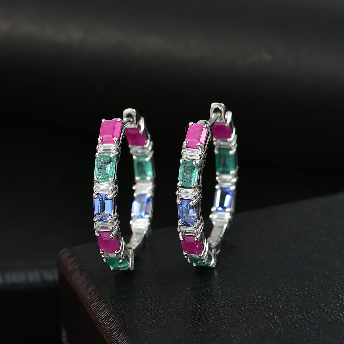 D’Joy Premium Kagem Zambian Emerald and Multi Gemstone 4.50 ctw Hoop Earrings in Rhodium Over Sterling Silver image number 1