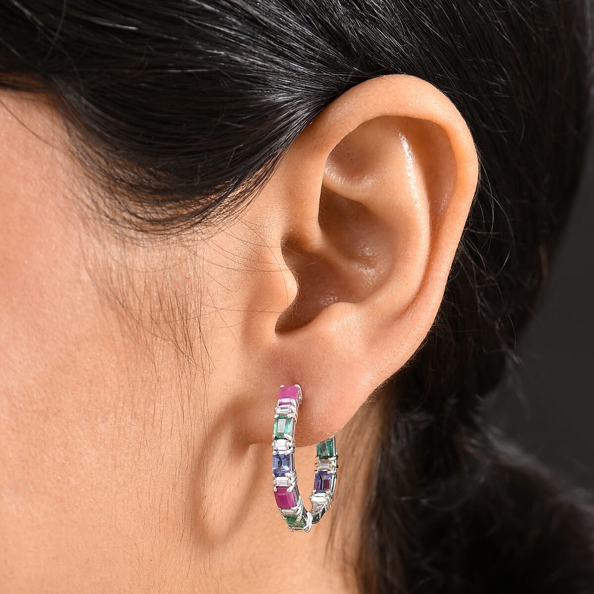 D’Joy Premium Kagem Zambian Emerald and Multi Gemstone 4.50 ctw Hoop Earrings in Rhodium Over Sterling Silver image number 2