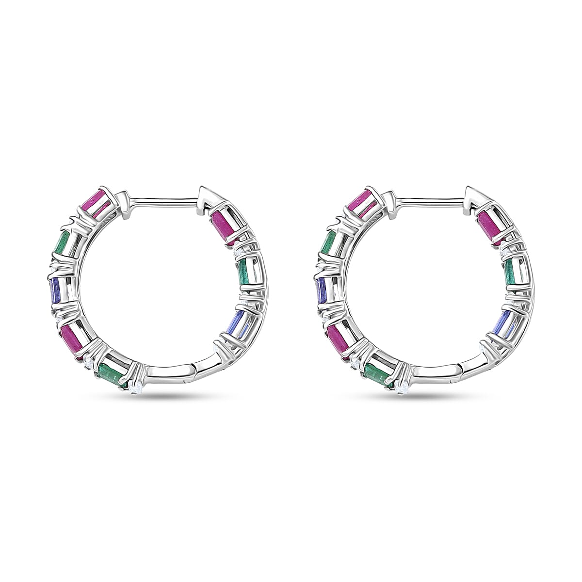 D'Joy Multi Gemstone 4.50 ctw Floral Vine Hoop Earrings in Rhodium Over Sterling Silver