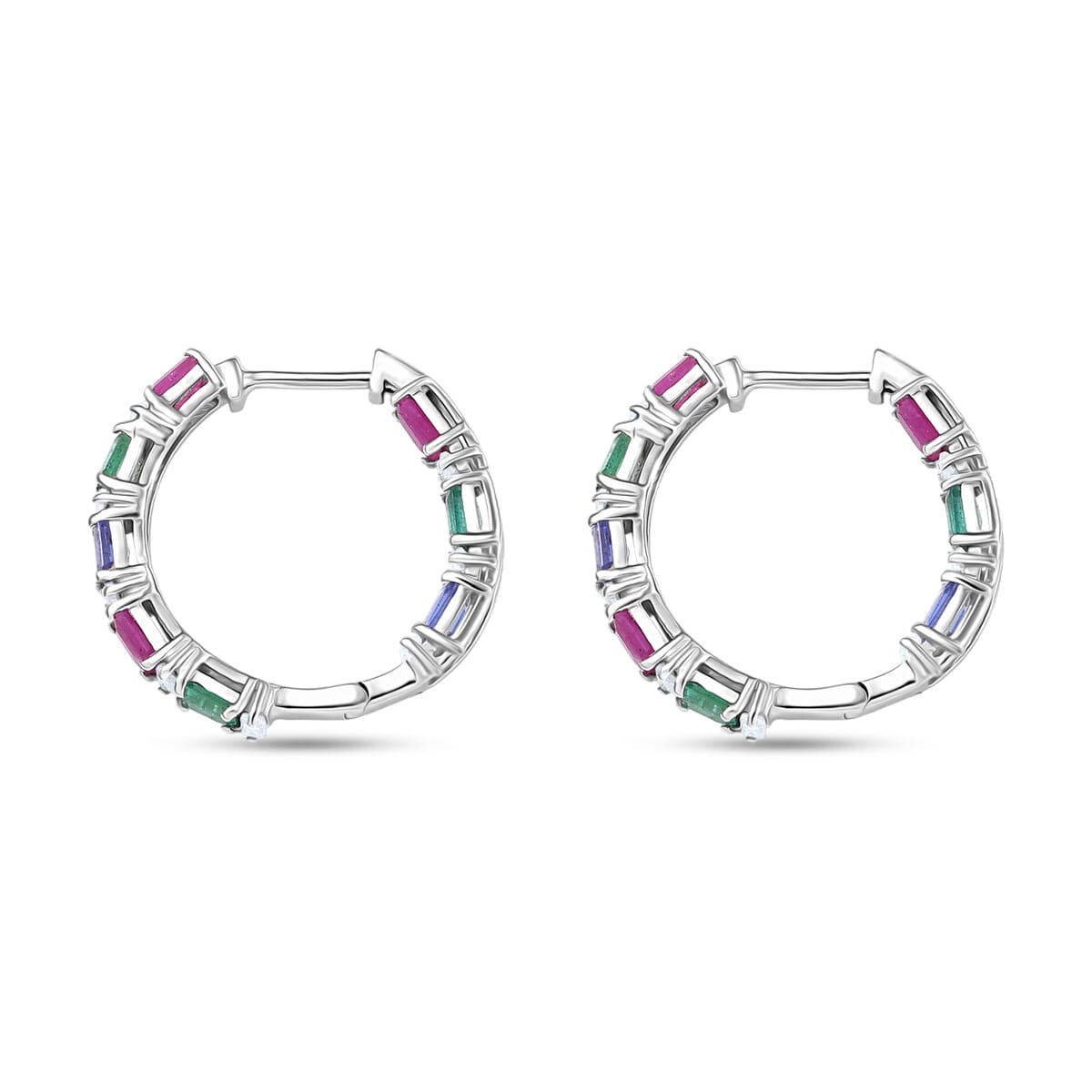 D’Joy Premium Kagem Zambian Emerald and Multi Gemstone 4.50 ctw Hoop Earrings in Rhodium Over Sterling Silver image number 3