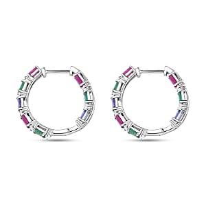 D'Joy Multi Gemstone 4.50 ctw Floral Vine Hoop Earrings in Rhodium Over Sterling Silver