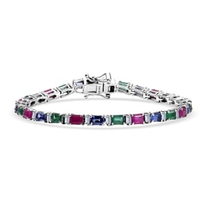 D’Joy Premium Kagem Zambian Emerald and  Multi Gemstone 7.35 ctw Bracelet in Rhodium Over Sterling Silver (6.50 In)