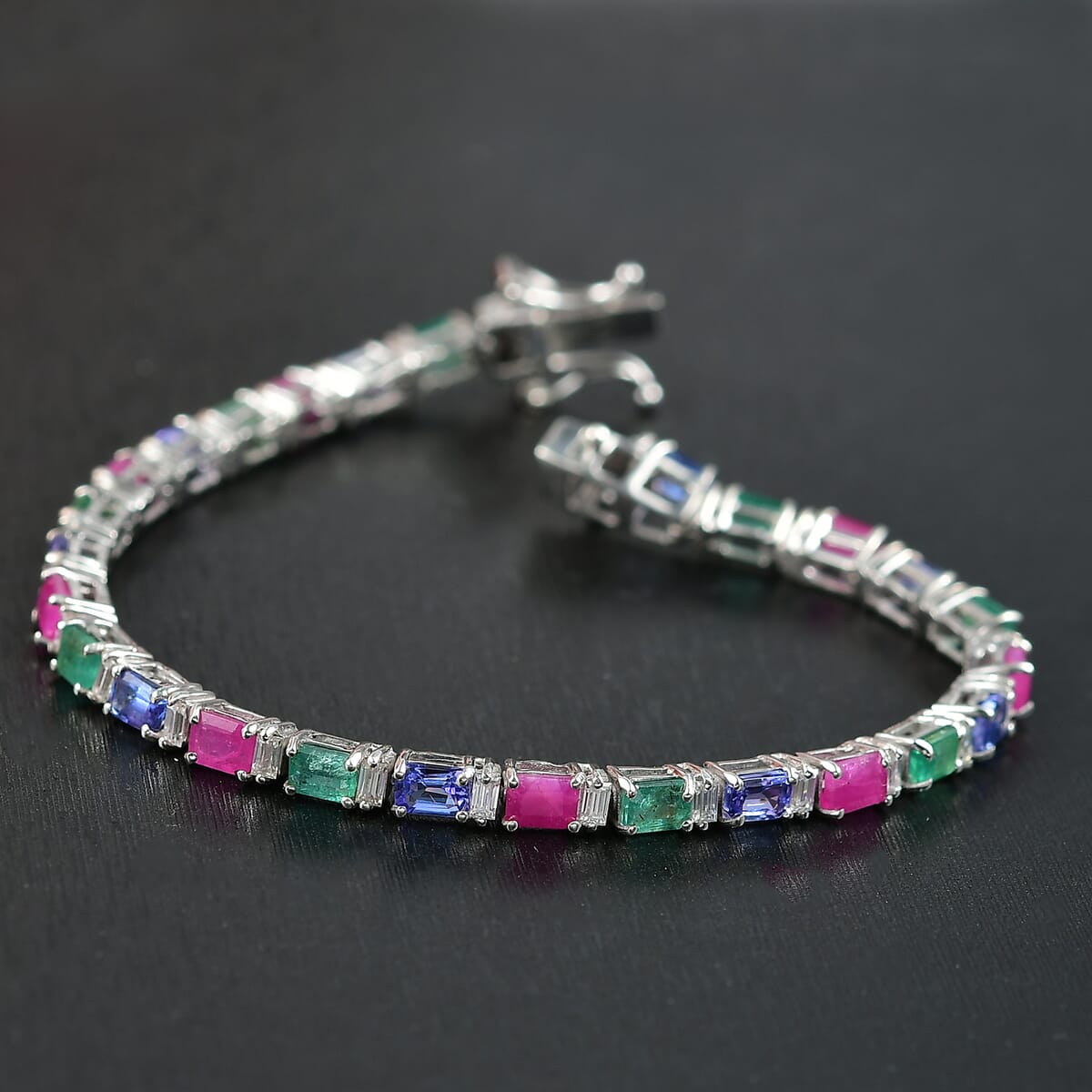 D’Joy Premium Kagem Zambian Emerald and  Multi Gemstone 7.35 ctw Floral Vine Bracelet in Rhodium Over Sterling Silver (6.50 In) image number 1