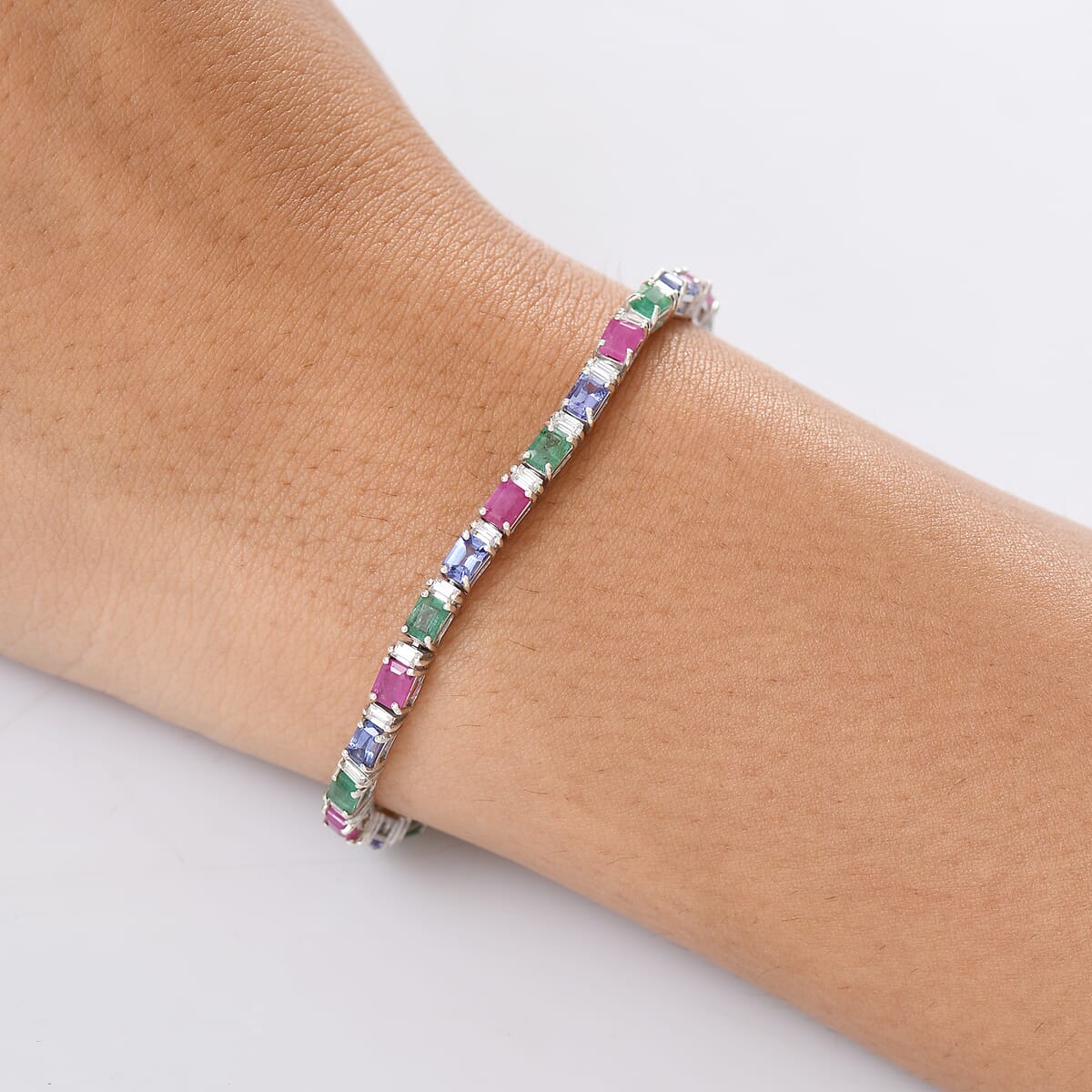 D’Joy Premium Kagem Zambian Emerald and  Multi Gemstone 7.35 ctw Floral Vine Bracelet in Rhodium Over Sterling Silver (6.50 In) image number 2