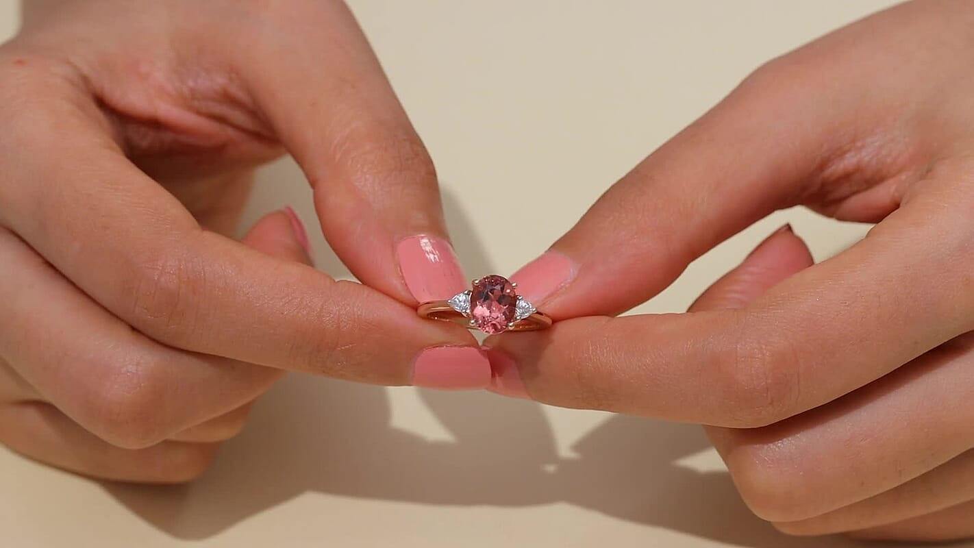 D’Joy Red Apatite, Moissanite 3 Stone Ring in 18K Vermeil RG Over Sterling Silver (Size 10.0) 2.25 ctw